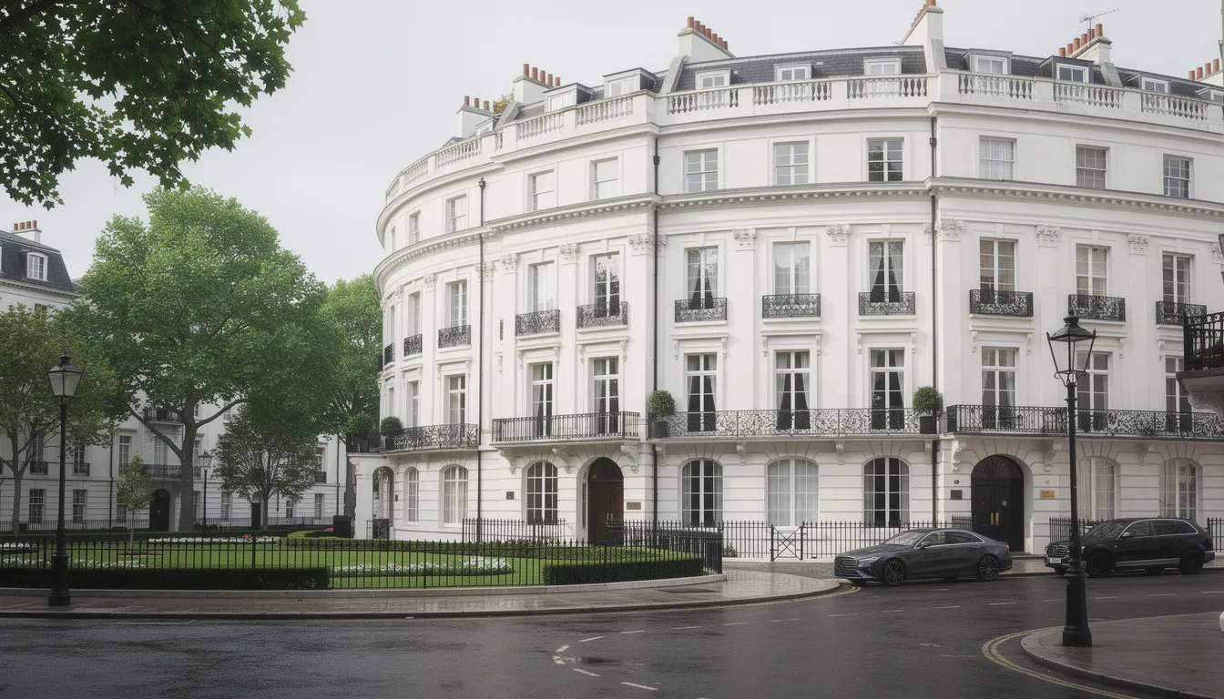 The image depicts a high-value period property located in a prestigious London square, showcasing a classic white stucco facade adorned with elegant wrought iron balconies. This architectural gem is ideal for legal professionals seeking property finance options, including barrister mortgages, to secure their future earnings and manage interest costs effectively.