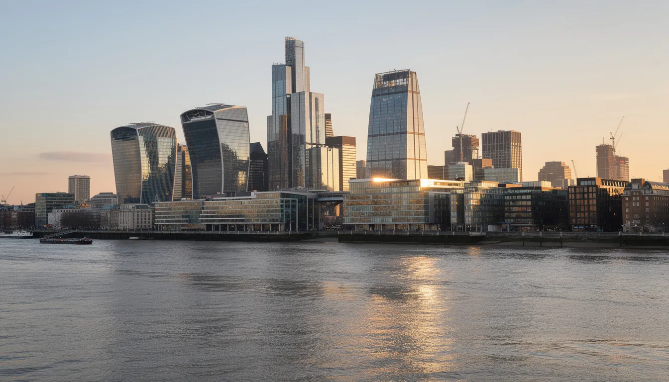 The image depicts the London financial district skyline, featuring modern office buildings that tower over the Thames River. This vibrant cityscape reflects the hub of economic activity, where mortgage lenders and investment banks operate, showcasing the dynamic nature of urban finance.