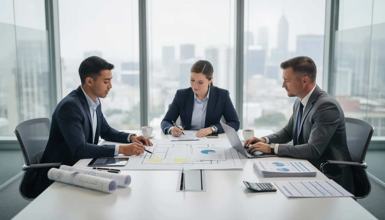 The image depicts a professional meeting between an architect client and an experienced mortgage broker, reviewing documents and figures related to professional mortgage options. The setting suggests a collaborative atmosphere providing tailored advice to navigate mortgage applications, eligibility criteria, and competitive interest rates for newly qualified architects.