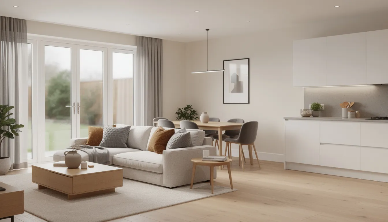 The image depicts a spacious and modern open-plan living area in a contemporary UK home, featuring neutral furnishings and a bright atmosphere. This inviting space could be ideal for medical professionals, such as newly qualified doctors, as they navigate their mortgage journey and seek tailored mortgage solutions.