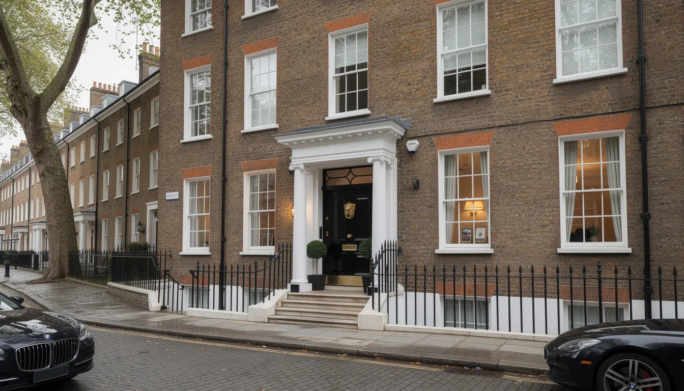 The image shows the exterior of a Georgian townhouse located in a prestigious London neighborhood, characterized by its elegant brick facade and classic architectural details. This property exemplifies the type of investment income opportunities that attract mortgage lenders and brokers who support clients with complex income cases, including those with multiple income streams or self-employed income.