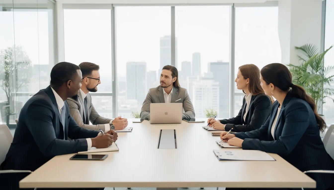 The image depicts a professional consultation meeting taking place in a modern office, where a diverse group of individuals are engaged in discussion about the London property market. They are likely discussing tailored advice on property ownership and investment strategies in sought-after areas like Chelsea and Kensington, as well as current mortgage options and market trends.