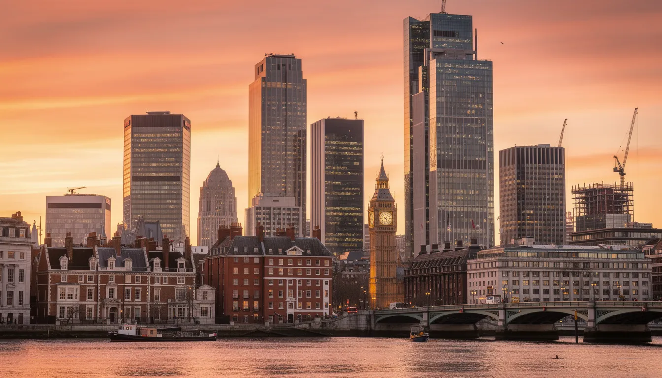 The image showcases a vibrant city skyline at sunset, blending modern international architecture with traditional British buildings, symbolizing the fusion of cultures in cross-border property investment. This scene reflects the potential of international mortgages in the UK, highlighting opportunities for both local and foreign nationals to invest in UK property.