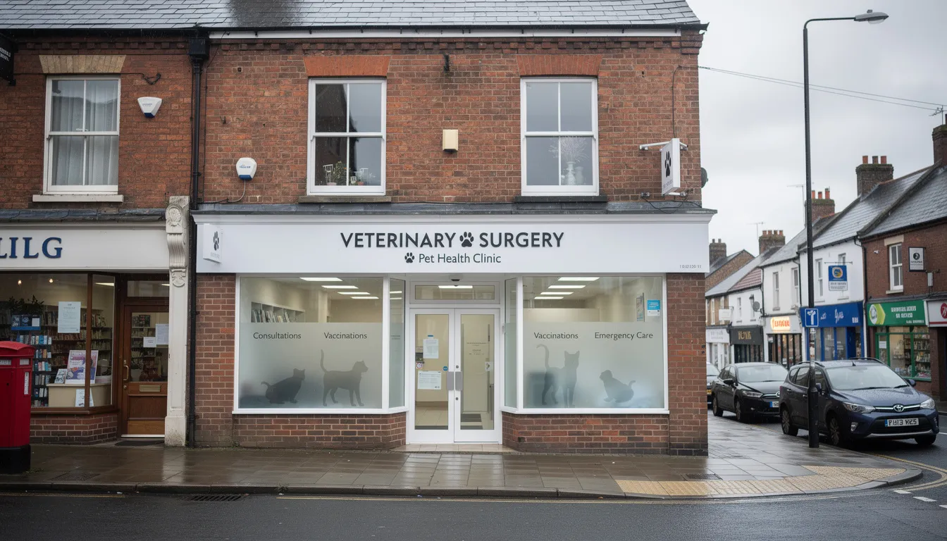 The image shows the exterior of a high-street veterinary surgery in the UK, featuring clear signage and a traditional building design typical of local practices. This setting reflects the professional environment where veterinary professionals, including newly qualified vets, can seek tailored mortgage solutions to secure their own veterinary practice.