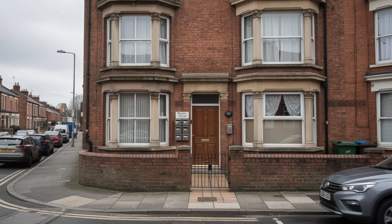 The image depicts the exterior of a beautifully converted Victorian property, currently functioning as a House in Multiple Occupation (HMO) in a UK city. This investment property showcases the potential for rental income, appealing to both specialist and mainstream lenders who assess complex income cases for mortgage applications.