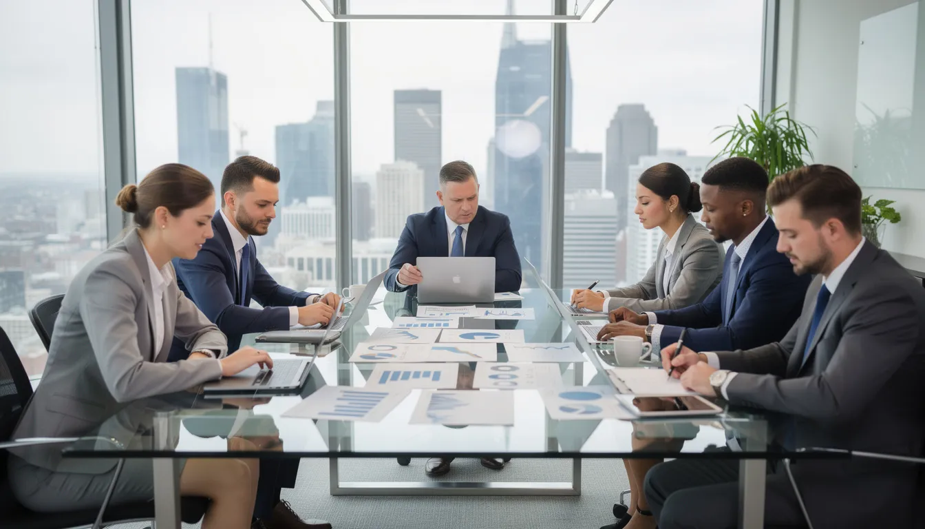In a modern office setting, a group of business professionals is engaged in reviewing financial documents, likely discussing options for commercial loans and funding proposals tailored for the care sector. Their focus on business performance suggests they are exploring the best deals and competitive rates from specialist lenders to support care home operators and enhance quality care.