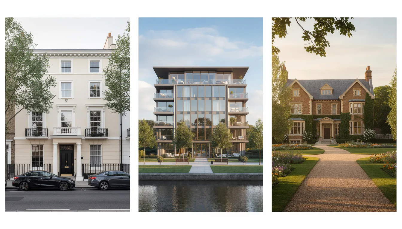The image gallery showcases three distinct properties: a charming stucco-fronted townhouse in Belgravia, a modern riverside apartment with expansive glass walls, and a classic English country manor house set within lush grounds. These diverse properties highlight options for high net worth individuals seeking bespoke lending solutions through private banks and mortgage brokers.