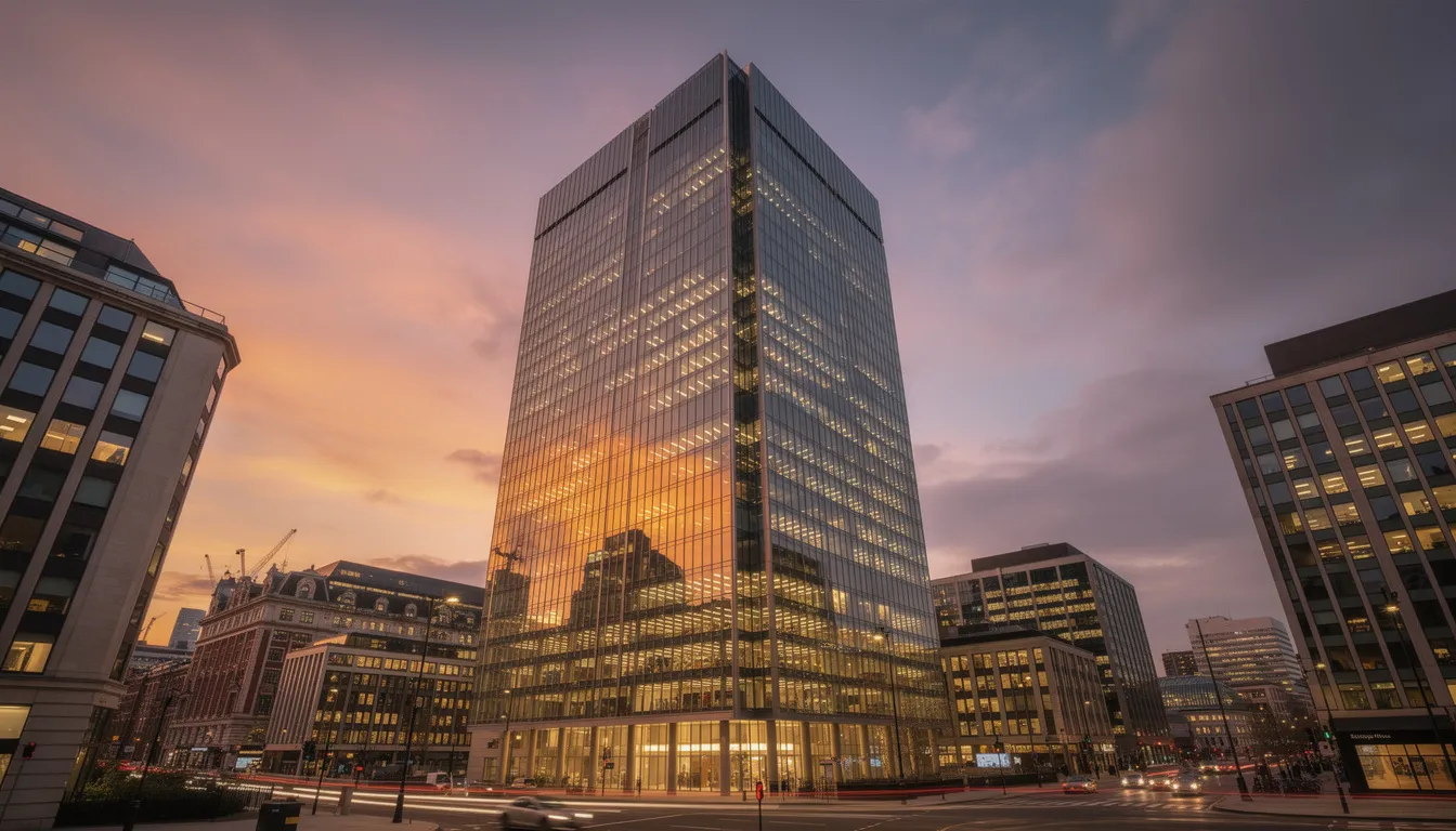 The image depicts a contemporary glass skyscraper in the City of London at twilight, with illuminated windows that reflect the vibrant colors of the sunset. This modern architectural marvel symbolizes the world of private banking, where bespoke lending solutions are tailored for high net worth clients and their unique financial needs.