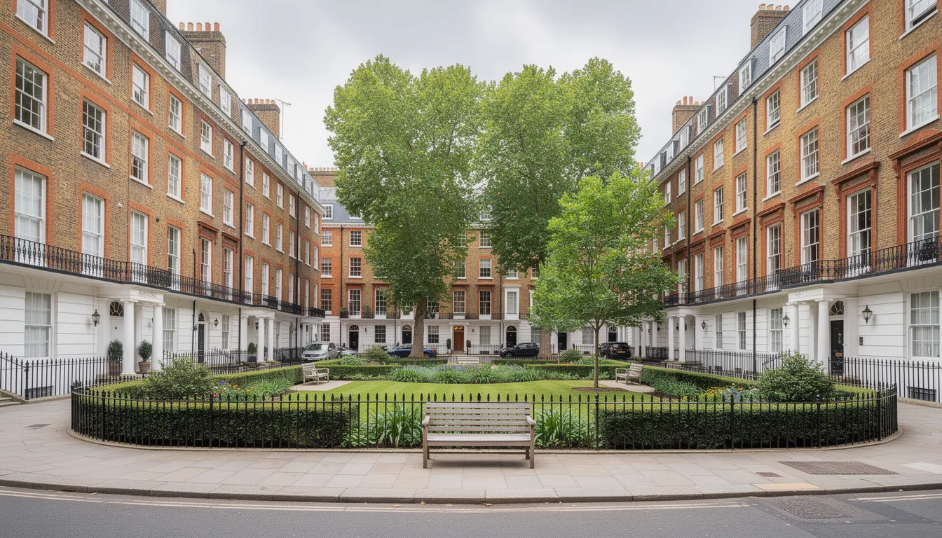 The image features elegant period Georgian townhouses lining a tranquil garden square in Chelsea, a prime central London location known for its rich cultural heritage and high-value properties. These desirable residences reflect the charm of the area, appealing to both international investors and local buyers in the competitive Chelsea property market.