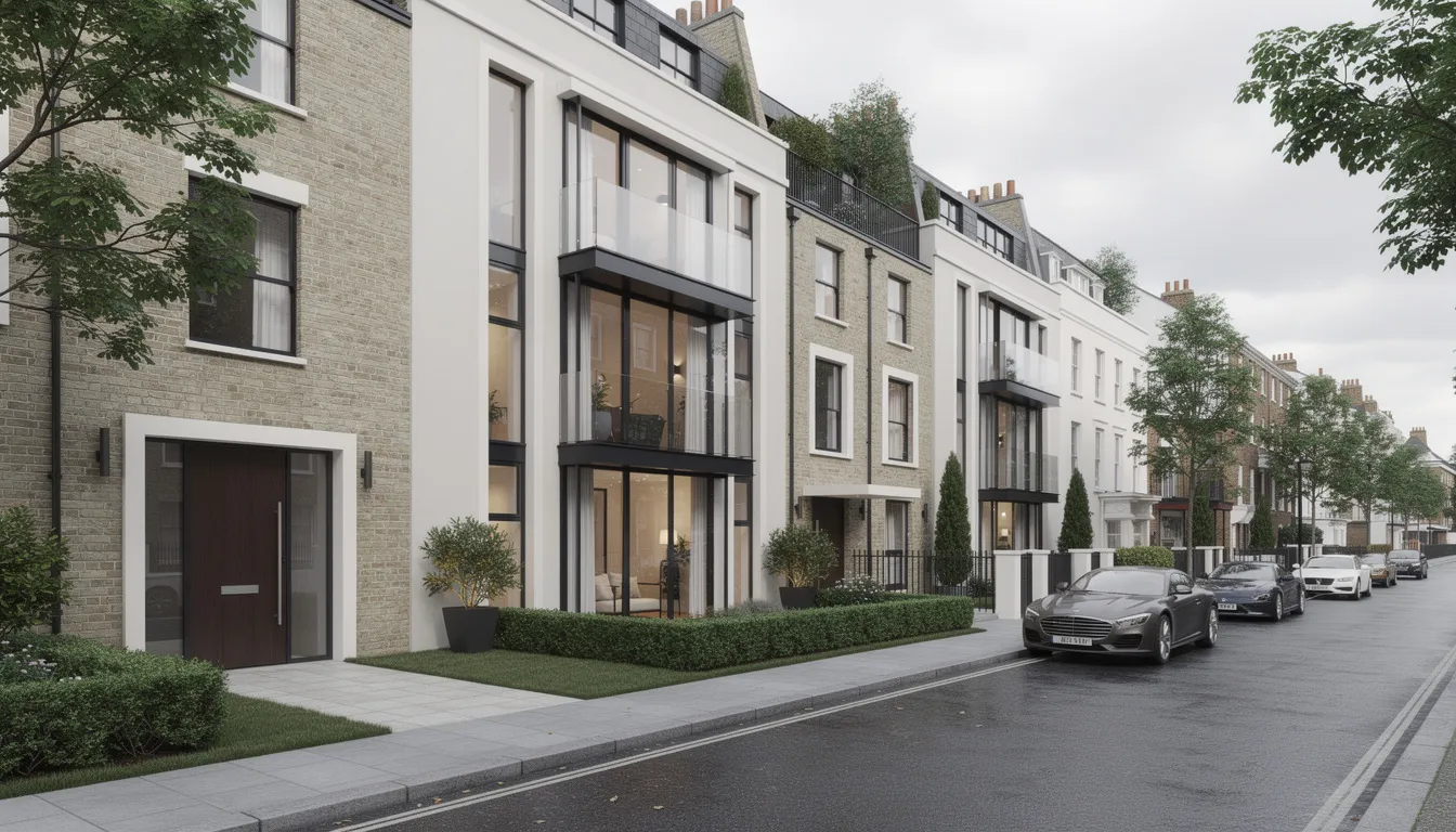 A modern London townhouse featuring large windows and contemporary architecture is set in an upscale neighbourhood, ideal for high net worth individuals seeking high value mortgages. This property highlights the potential for significant assets and higher income multiples, making it a prime choice for high earners looking to maximise their mortgage payments.