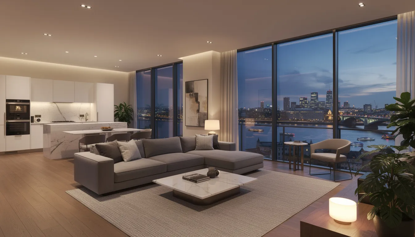 A modern luxury penthouse apartment features expansive floor-to-ceiling windows that offer breathtaking views of the River Thames. This stunning space is ideal for high net worth individuals seeking bespoke lending solutions and personalized service from private banks and mortgage brokers.