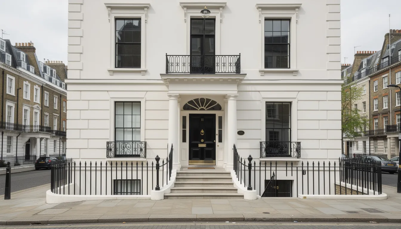 An elegant Georgian townhouse in prime central London features a classic white stucco facade and ornate iron railings, embodying the charm of high net worth properties. This image reflects the upscale residential market, appealing to high net worth individuals seeking bespoke mortgage solutions and private banking relationships.