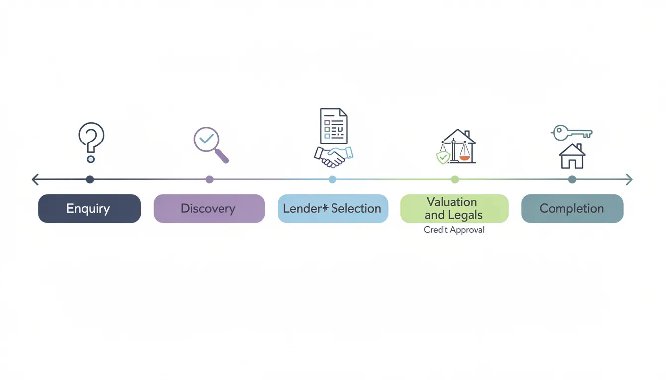 The image depicts a horizontal timeline illustrating the various stages of the mortgage process, starting from Enquiry and progressing through Discovery, Lender Selection, Indicative Terms, Credit Approval, Valuation and Legals, and concluding with Completion. This visual representation highlights the journey high net worth clients may experience when navigating private bank mortgages and bespoke lending solutions.