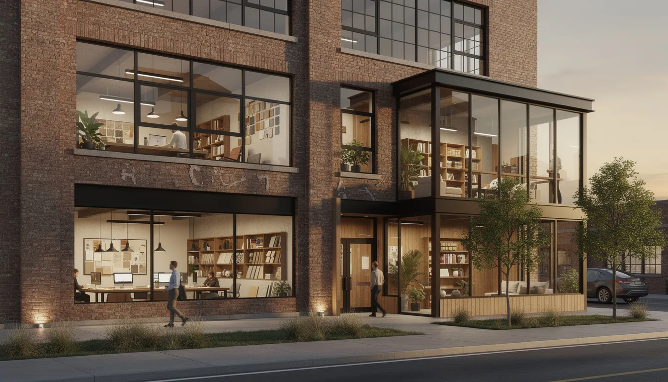 The image depicts a converted warehouse studio combining architectural office space with residential elements, showcasing a modern design aesthetic. This versatile building is ideal for newly qualified architects and professional borrowers seeking a unique workspace supporting both professional and personal lifestyles.