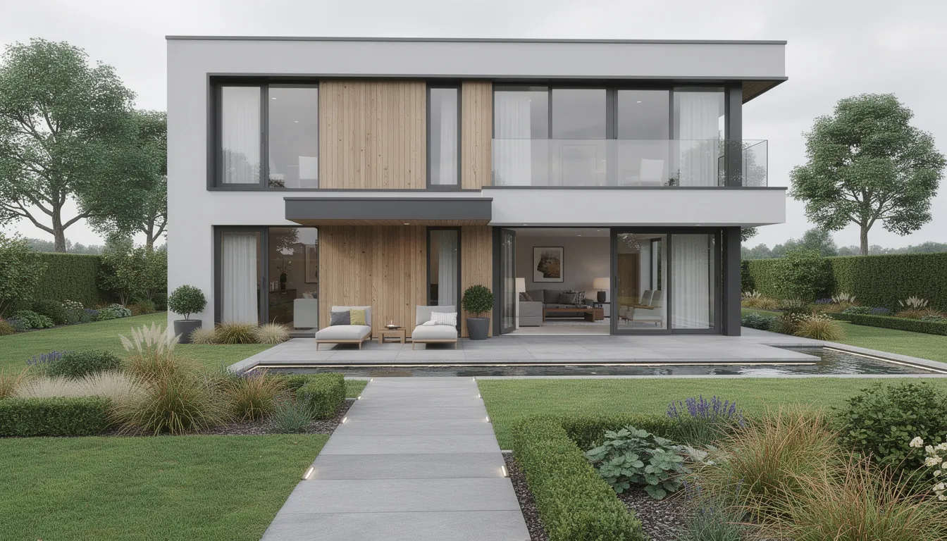 The image depicts a contemporary architect-designed house in the UK, featuring large windows that allow natural light to flood the interior, and modern landscaping that complements its sleek design. This residence exemplifies the type of property that newly qualified architects may consider when exploring professional mortgage options with experienced mortgage brokers.