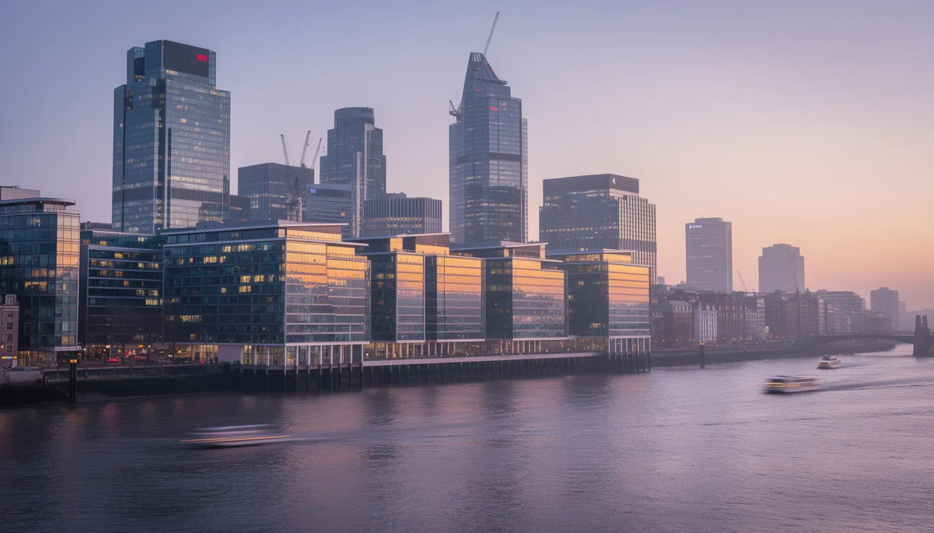 The image depicts a modern prime London property featuring sleek glass towers that reflect the shimmering Thames River at dusk, showcasing the iconic skyline of the Canary Wharf financial district. This scene highlights the allure of UK property as a potential investment for international mortgage lenders and buyers.