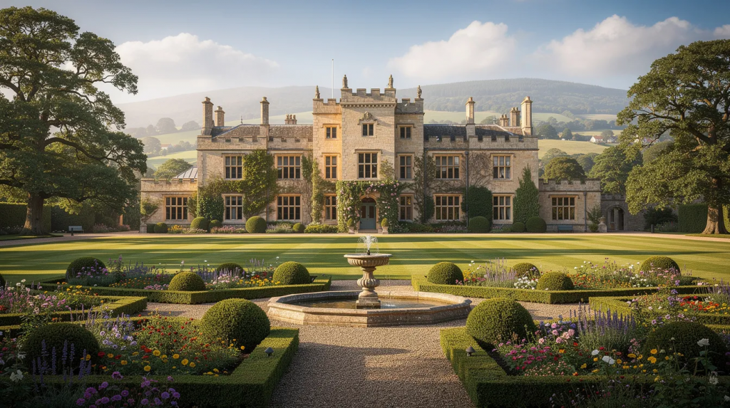 The image depicts a grand English country estate surrounded by meticulously manicured gardens, with lush rolling hills in the background, evoking a serene and affluent atmosphere. This picturesque setting could appeal to high net worth clients exploring investment properties or seeking specialist lenders for their mortgage solutions in the UK mortgage market.