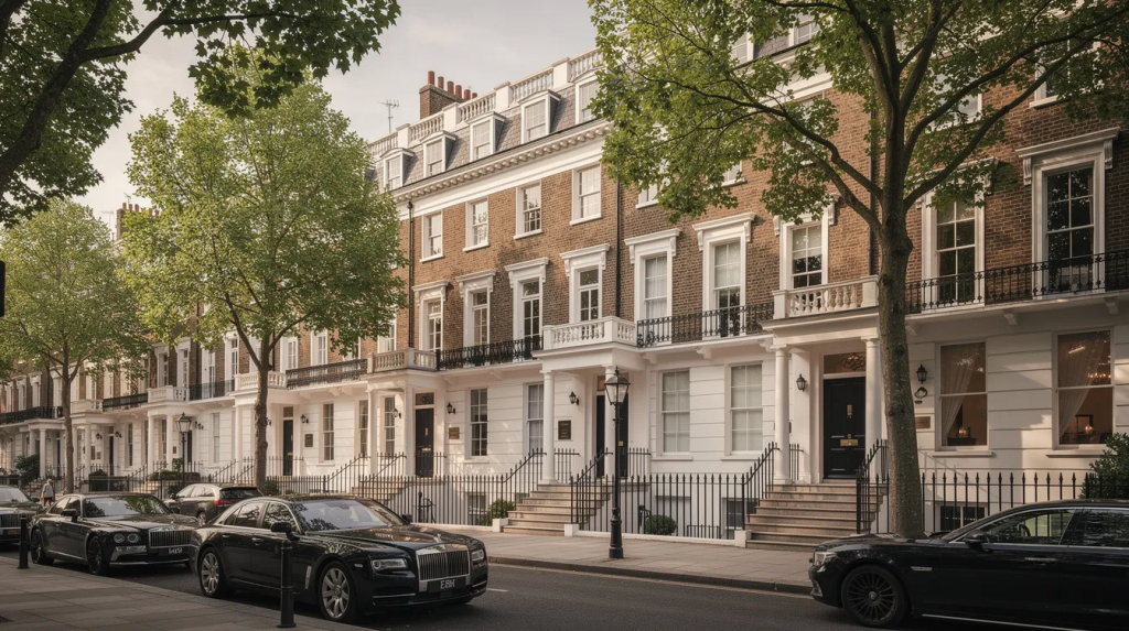 The image depicts a row of elegant Georgian townhouses lining a tree-shaded street in the affluent neighborhoods of Knightsbridge or Belgravia, showcasing the classic architecture and charm of prime central London homes. This picturesque setting is ideal for high net worth clients seeking investment properties and reflects the sophisticated atmosphere of the UK mortgage market.