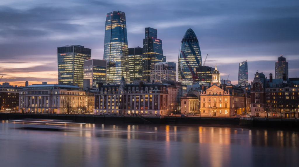 The image depicts the London financial district skyline at dusk, showcasing a blend of modern glass buildings alongside historic architecture, reflecting the dynamic nature of the UK mortgage market. This vibrant scene highlights the area where high net worth clients often seek mortgage solutions from private banks and specialist lenders for their investment properties.